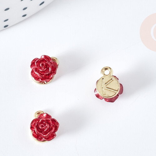 Pendentif roses rouge résine zamac doré 9.5mm, création bijoux baroque, x1 g8563