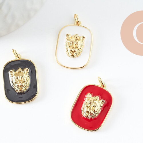 Pendentif médaille rectangle lion émail laiton doré, pendentif felin,sans nickel, abeille dorée,23mm, x1 (g5259)