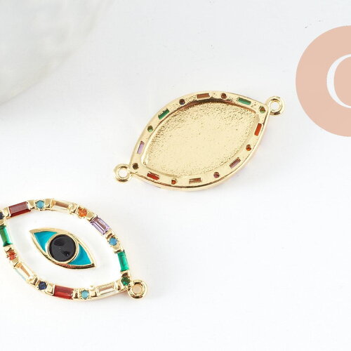Pendentif connecteur oeil cristal zircon coloré,pendentif en laiton doré porte-bonheur contre mauvais oeil ,x 1 (g6395)