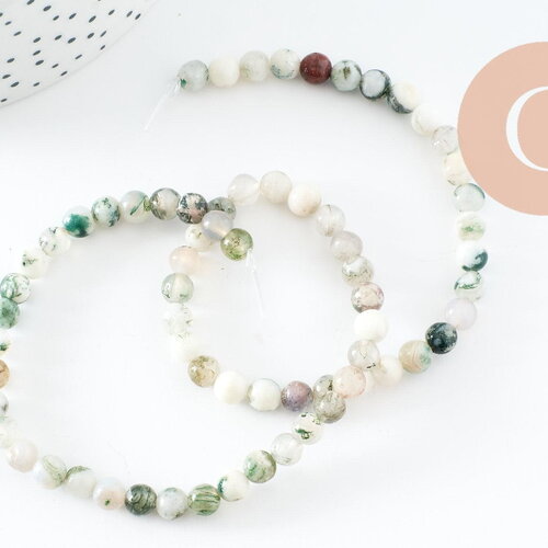 Perle ronde agate mousse naturelle 6mm, x1 fil de 37.5cm (g1536)