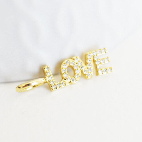 Breloque love laiton doré 18k cristal,sans nickel,création bijoux,pendentif amour, pendentif zircon,24mm,g3033