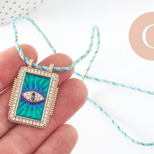 Collier médaille oeil bleu zircon zamac doré 45cm x1 (g9570)