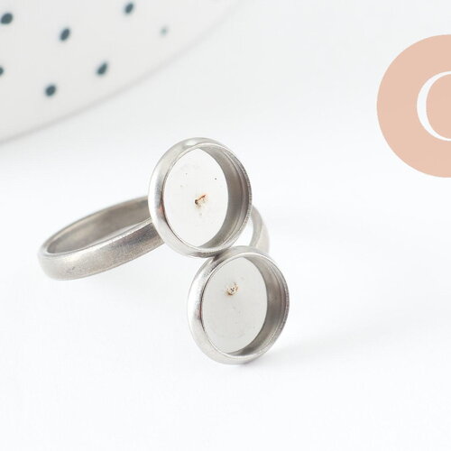 Bague réglable double cabochon 8mm acier platine inoxydable 16.8mm, x1 (g9705)