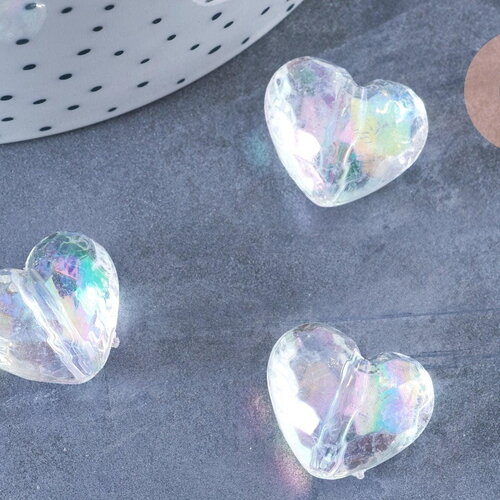Perle coeur facette plastique transparent irisé 16mm , perle plastique coeur,x 5 perles g6436