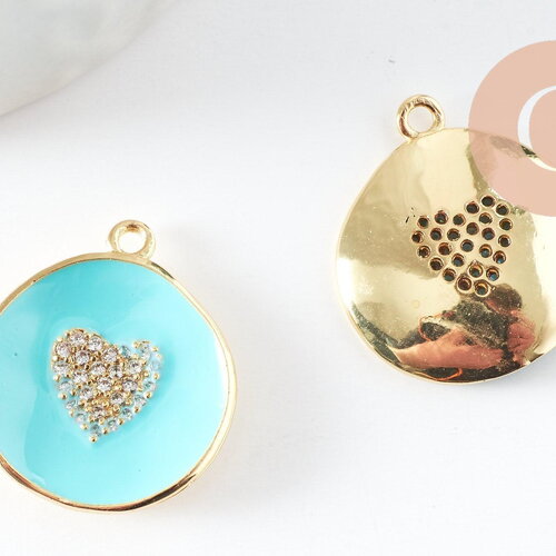 Pendentif médaille rond coeur émail laiton doré et zircon, pendentif laiton coeur,sans nickel,23mm, x1 (g4824)