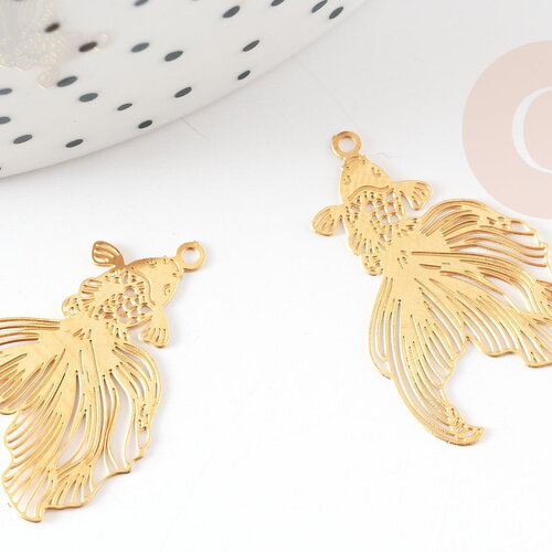 Pendentif estampe filigrane poisson acier 201 inoxydable doré18k 27mm, acier, x2 g8793