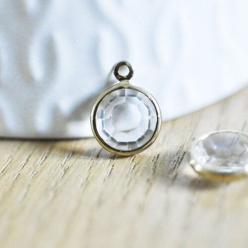 Pendentif connecteur rond laiton brut cristal transparent,création bijou cristal et or,15mm, x1 g4408