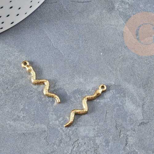 Breloque serpent acier 304 doré 14k inoxydable 28mm, création bijoux acier x1 g2898