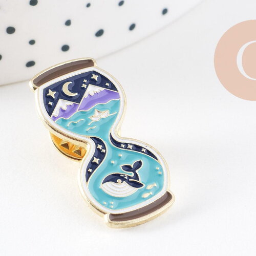 Broche pins sablier bleu baleine laiton doré émail 29.5x14mm,broche dorée,décoration veste,x1 g6234