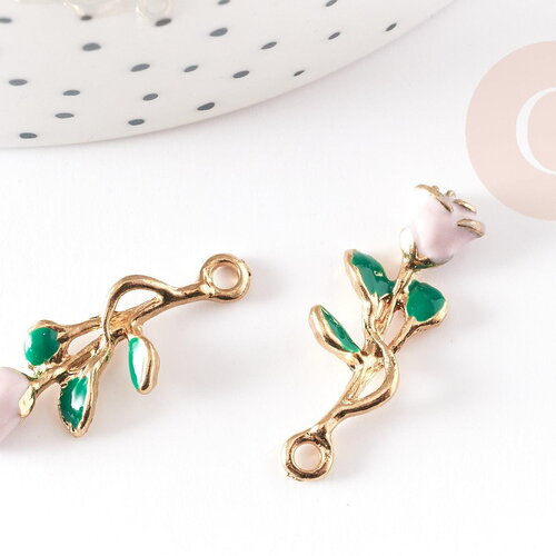 Pendentif fleur rose émail rose, pendentif zamac doré, bijou laiton,fleur création bijoux,pendentif zamac doré,28mm, x1 g3710