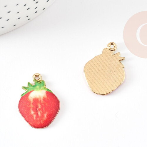 Pendentif fraise émaillée zamac doré 26mm, pendentif fruit création bijoux fantaisie, x1 g9169