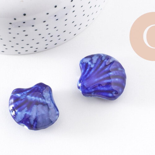 Grosse perle porcelaine bleu foncé coquillage, perle céramique géométrique fabrication en céramique, 29-33mm, x2 (g5377)