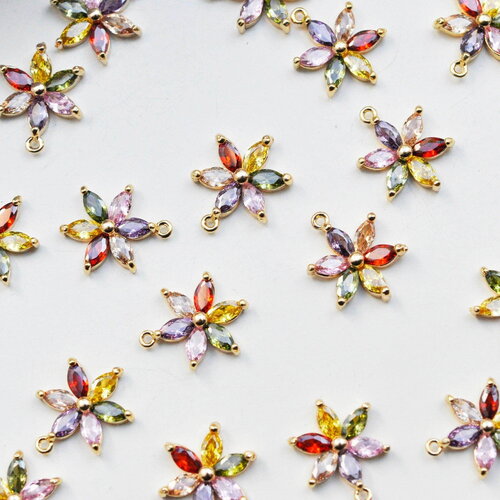 Pendentif fleur doré 24 carats zircon multicolore,pendentif doré cristal, création bijoux,17mm, x1 g5525