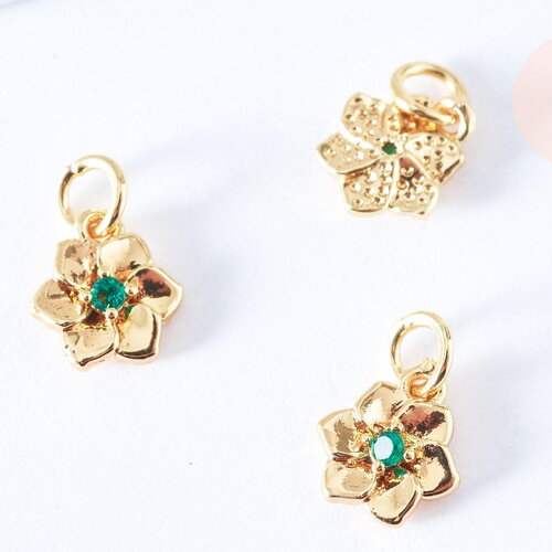 Breloque fleur laiton doré 18k zircon vert 9.5mm, pendentif création bijoux doré, x1 g6944