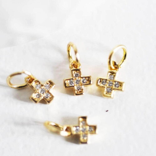 Breloque croix laiton doré 18k cristal,sans nickel,laiton brut,croix bijoux,pendentif religion, pendentif zircon,6.5mm-g820