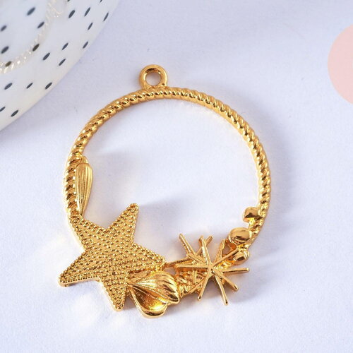 Pendentif rond étoile de mer coquillages zamac doré 42mm, pendentif étoile de mer pour création résine bijoux diy, x1 g6875
