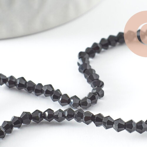Perles cristal toupies à facette noir 2x3mm, perles bijoux en cristal noir,perles bicone facette, fil de 49cm, x1 (g4670)