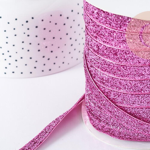 Ruban plat à paillettes polyester nylon rose 9.5-10mm, fabrication bijoux ruban rose, x 1mètre g8906