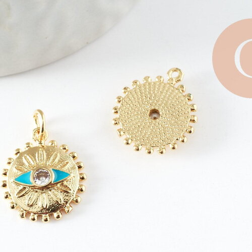 Pendentif médaille soleil oeil émail bleu laiton doré 18k et cristal zircon,pendentif laiton chance pour création bijoux,17mm, x1 (g5278)