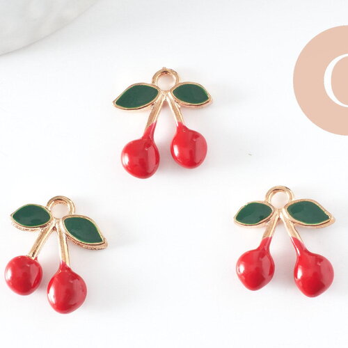 Pendentif cerise doré émaillé rouge,pendentif fruit création bijoux, pendentif doré, 17mm, x5 (g5272)