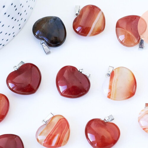 Pendentif coeur cornaline naturelle laiton argenté, pendentif pierre cornaline naturelle, bijoux en pierre naturelle, 23mm, x1 g5583