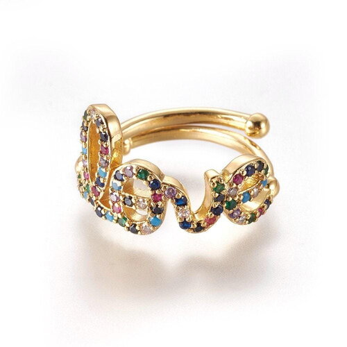 Bague réglable laiton doré love zircons colorés 17mm, x1 (g4329)