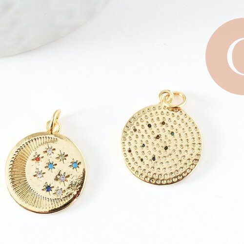 Pendentif lune doré 18k et zircon coloré,pendentif lune doré horoscope,porte-bonheur,laiton doré,20.5mm, x1 (g6200)