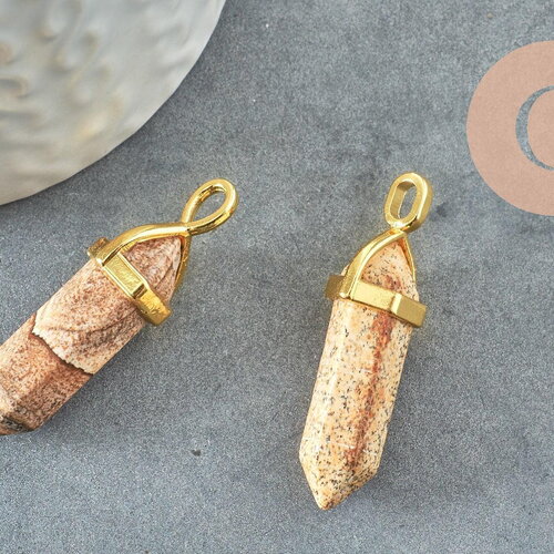 Pendentif pointe jaspe paysage naturel laiton doré 38-41mm, création bijoux pierre naturelle, x1 g2964