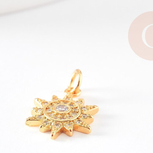 Pendentif soleil laiton doré zircon, pendentif en cristal pour création bijoux porte bonheur pour femme en zircon,14mm, x1 g4266