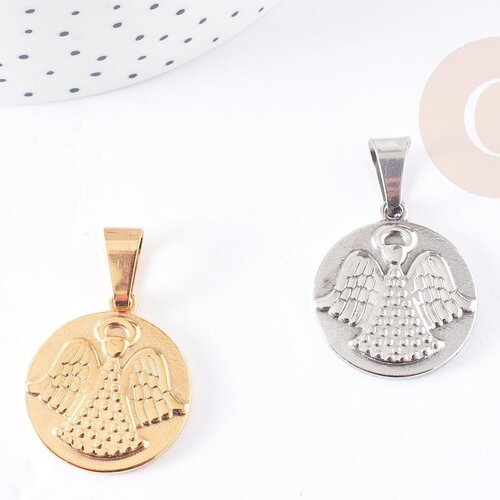 Pendentif médaille ronde ange acier doré ou platine 28.5mm, x1 (g4055)