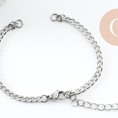 Base de bracelet chaine gourmette acier 304 inoxydable platine 2mm-16.3cm, x1 (g9481)