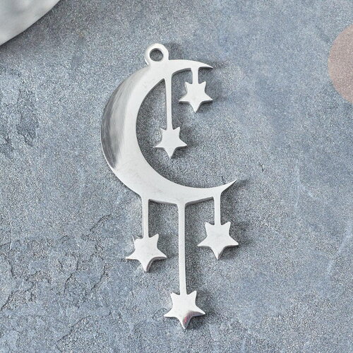 Pendentif lune et étoiles argenté acier inoxydable 41.5mm, création bijoux acier inoxydable platine, x1 g7664