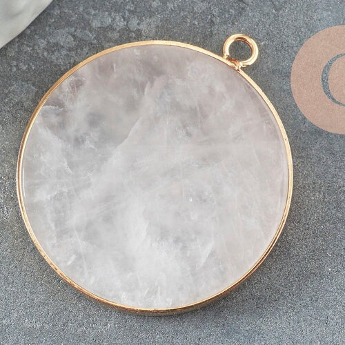 Pendentif rond quartz rose naturel laiton doré 35mm,x1 (g2174)