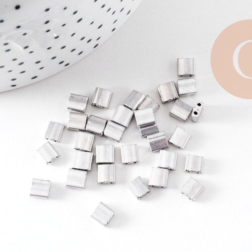 Perles rocaille verre rectangle plaqué argent, perle carré création bracelet, perle tila,4.5mm,2 trous, x50 (4.8gr) (g5487)