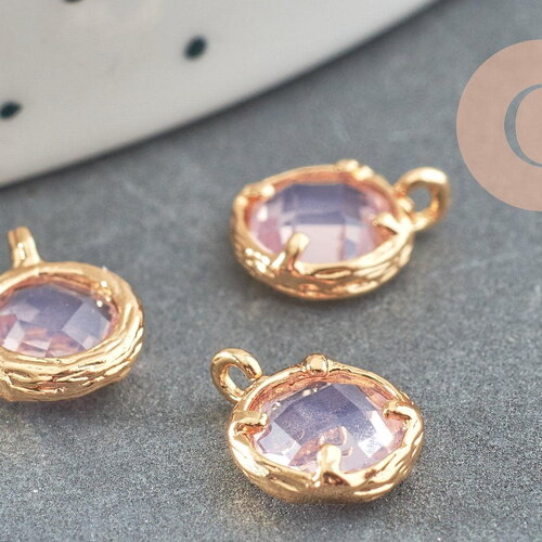 Pendentif rond laiton doré 24 carats cristal rose 10mm, pendentif création bijoux diy, x1 - g2183