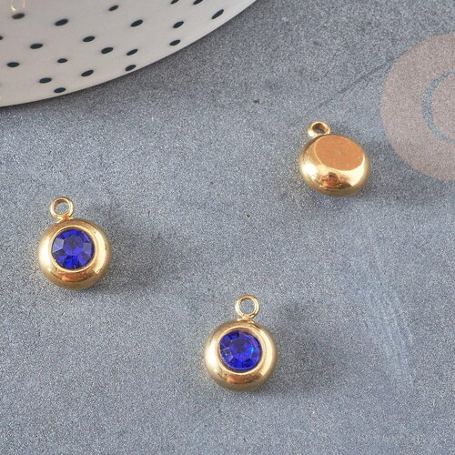 Pendentif rond acier doré 24 carats cristal bleu,pendentif cristal, pendentif doré cristal, 12mm, x1 g4838
