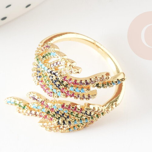 Bague réglable laiton feuille laurier zircons coloré 17.5mm, x1 (g4247)