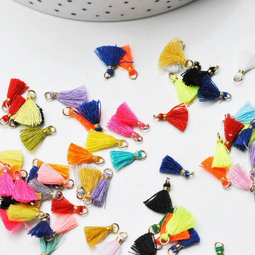 Pompon multicolore polyestère support doré,décoration pompon, pompon boucles,fabrication bijoux bohème,10-15mm,les 5 g4694