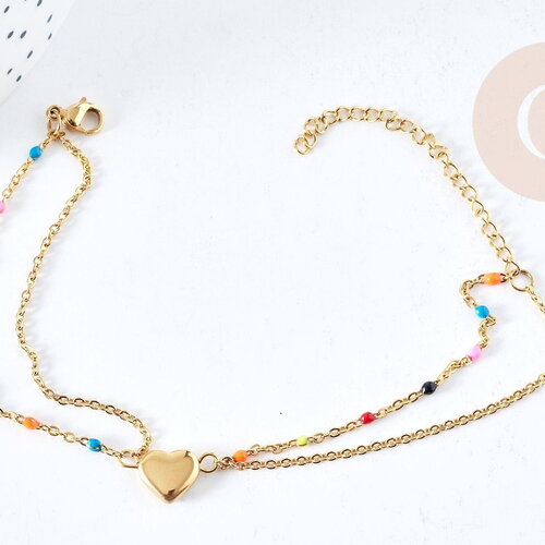 Bracelet multichaine coeur acier doré 304 inoxydable émaillé multicolore 25mm, idée cadeau anniversaire fête des mères femme, x1 g8804