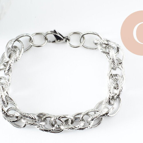 Bracelet très grosse maille acier inoxydable platine 20.5cm, x1 (g9485)