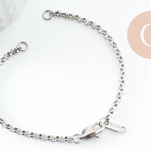 Base de bracelet chaine rollo acier 304 inoxydable platine 3mm-16.5cm, x1 (g9484)