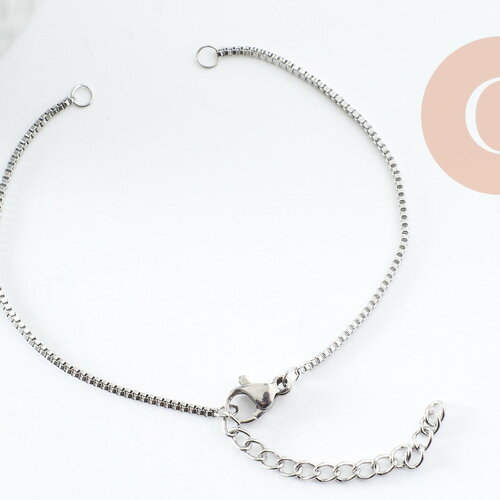 Base de bracelet chaine carré maille vénitienne acier 316 inoxydable platine 1mm-15.9cm, x1 (g9480)