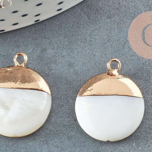 Pendentif nacre blanche naturelle doré,fourniture créative,pendentif rond nacre,coquillage blanc, 22.5mm, x2 g2548