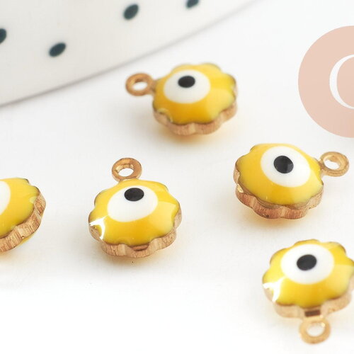 Pendentifs doré fleur émail jaune, mauvais oeil, laiton doré, pendentif chance, 9mm, x10 g0305