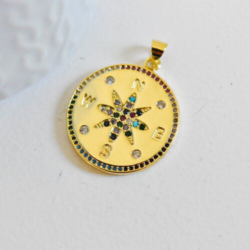 Pendentif médaille ronde boussole étoile laiton doré 18k zircons, un pendentif doré avec cristal pour création bijoux,25.5mm, x1 g3554