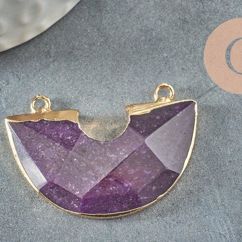 Pendentif demi-cercle améthyste fer doré 41mm,pendentif bijoux,lune améthyste,pendentif pierre améthyste naturelle, x1 g2331