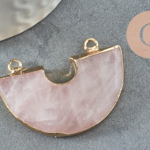 Pendentif demi-cercle quartz rose naturel fer doré 41mm, pendentif bijoux,fabrication collier,pendentif pierre naturelle x1 g0298