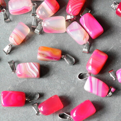 Pendentif agate rose rayée support acier argent, pendentif pierre, agate naturelle,création bijoux, pierre naturelle, 23mm, x1, g3901