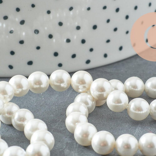 Perles rondes coquillage naturel blanche nacrées 6mm, x1 fil de 40cm (g10131)