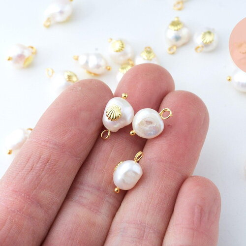 Pendentif perle naturelle keshi coquillage doré 13-16mm,porte bonheur,perle eau douce,perle naturelle blanche, x1 g6131
